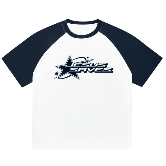 "Jesus Saves" Y2K Color-Blocked Raglan Sleeve T-Shirt